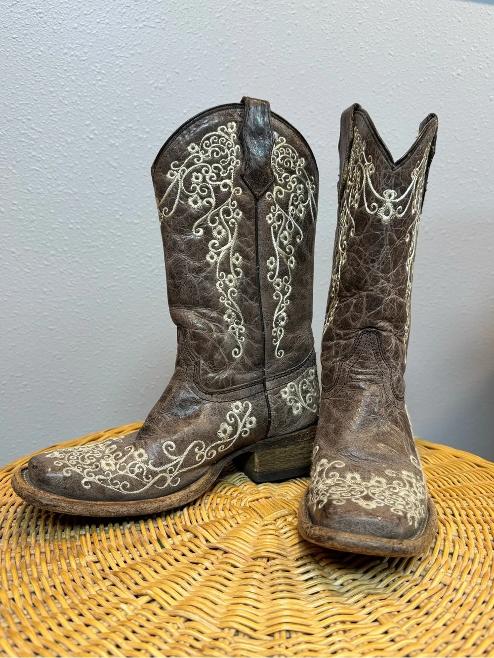Corral Teen Brown Embroidered Leather Western Cowboy Boots